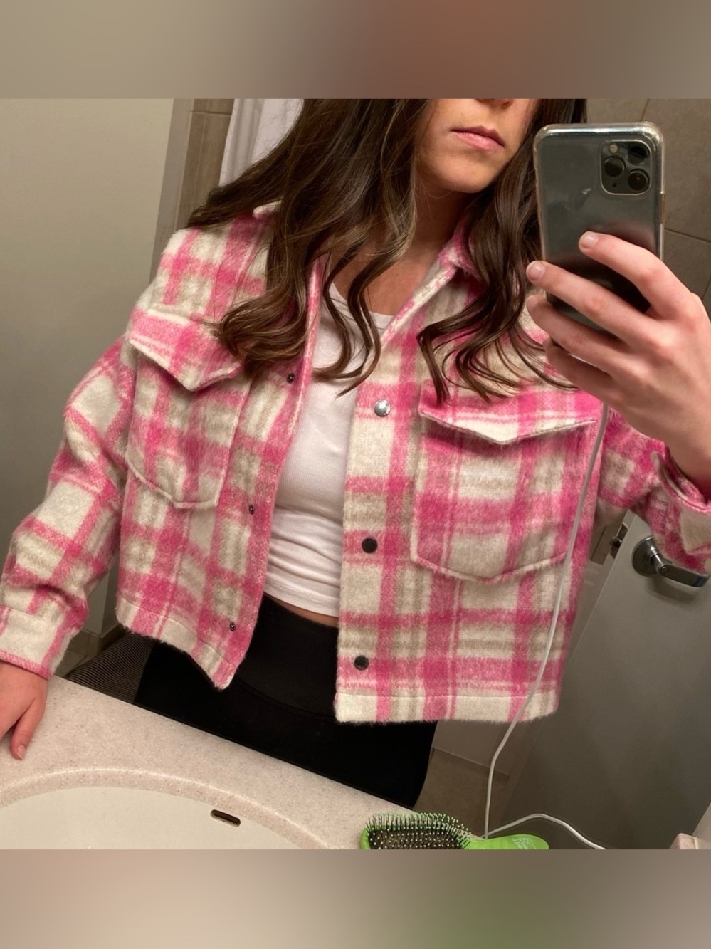 Zara Cropped Pink Plaid Shacket Jacket - Women